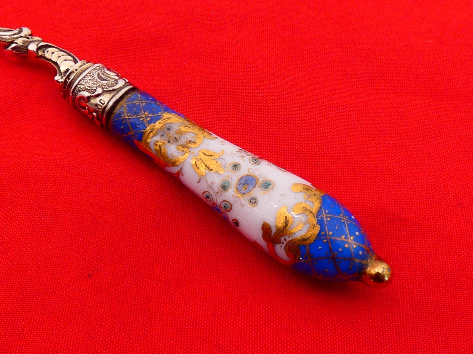 Antique Germany Silver & Painted Porcelain Cheese Pick TD-11