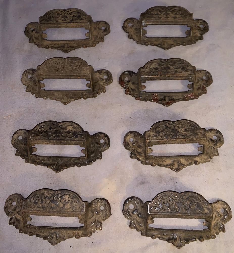 Great Set  8  Antique  Cast Iron  Bin  Cabinet  Pulls  with  Section for Label