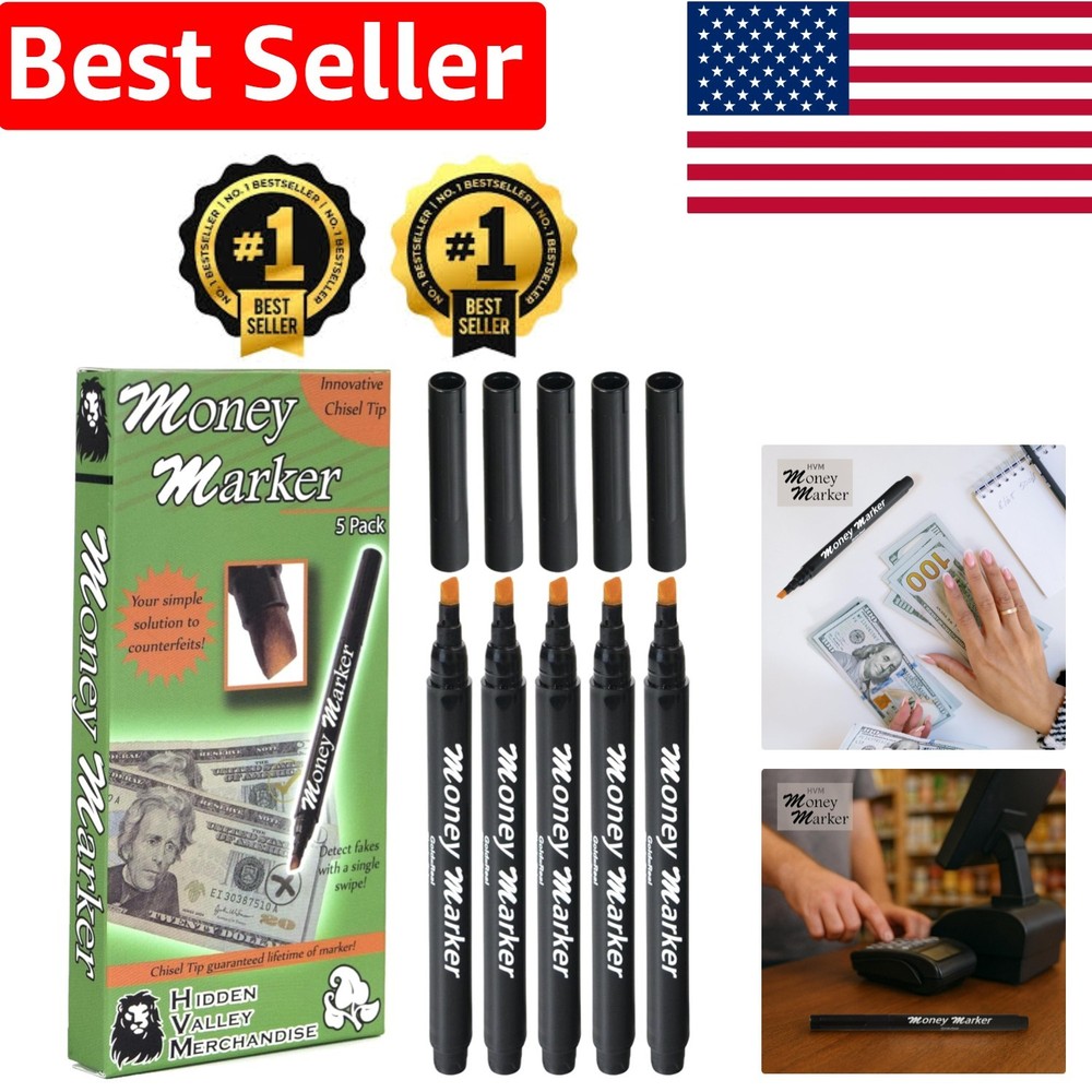 High-Performance Counterfeit Detector Pens - 5 Count with Water-Based Black Ink