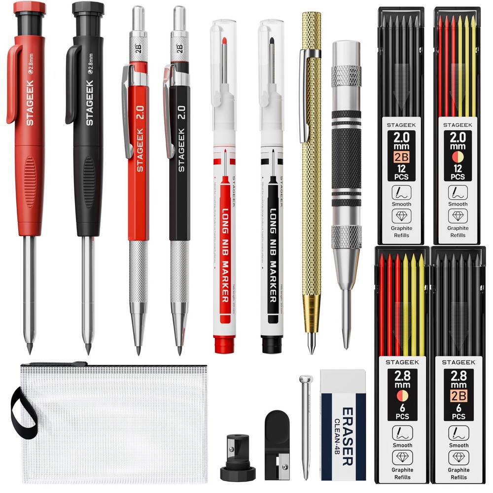 17 Pack Mechanical Carpenter Pencil Set with Sharpener 40 Refills, Automatic Cen