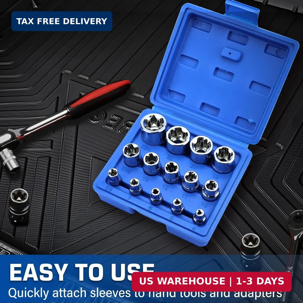 14-Piece Female E-Torx Socket Set, E4-E24 External Star Sockets, 1/4" 3/8"...