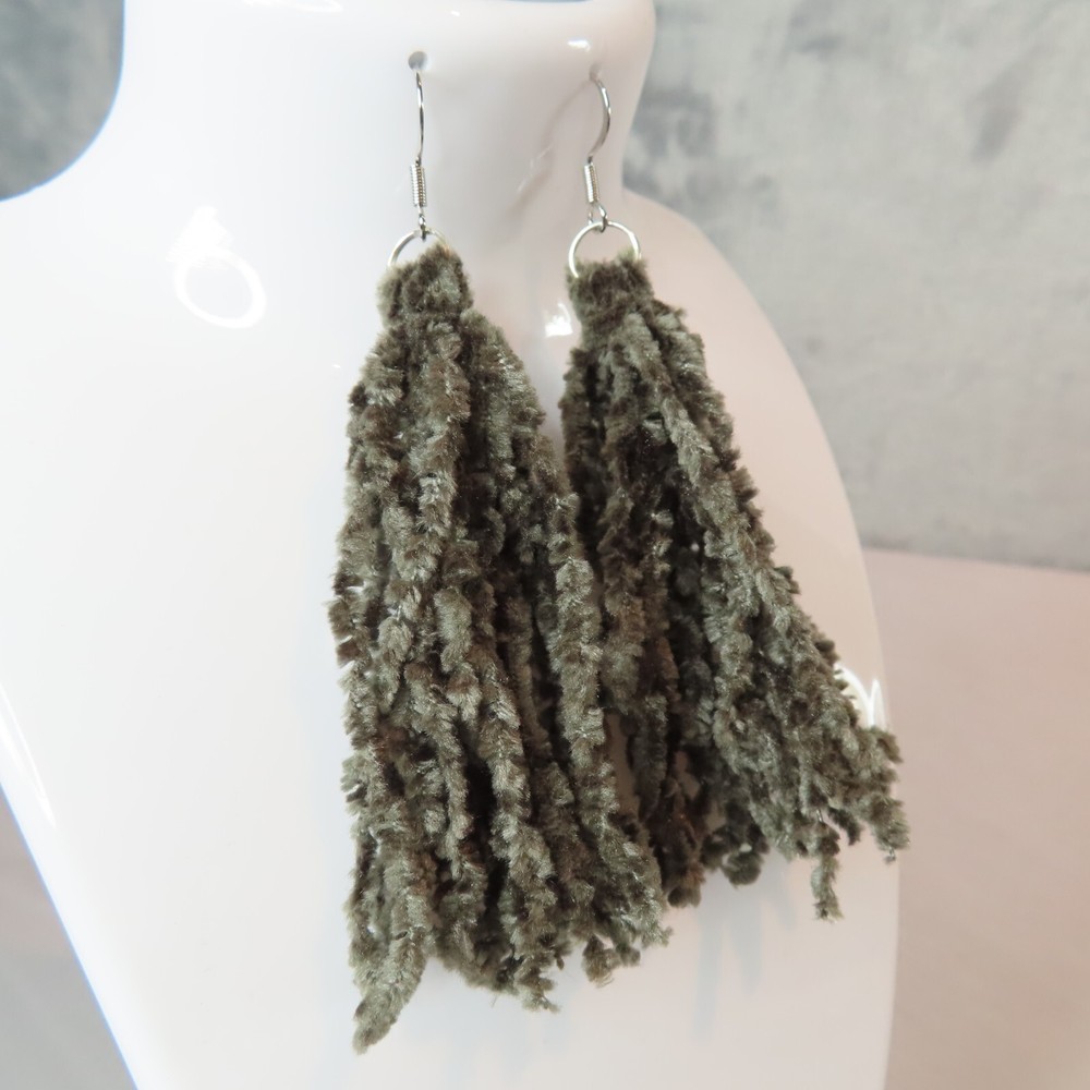 Pemby Studio Gray Chenille Tassel Dangle Earrings Silver Tone Statement Artisan