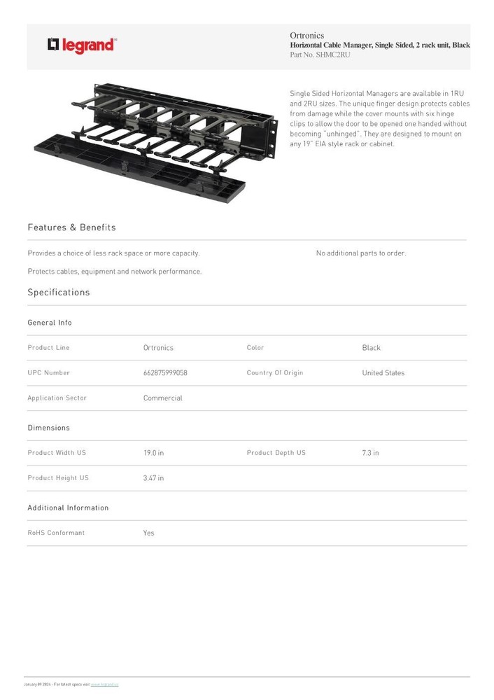 LEGRAND ORTRONICS SHMC2RU SINGLE SIDED CVR HORIZONTAL CABLE MANAGER, RACK MOUNT