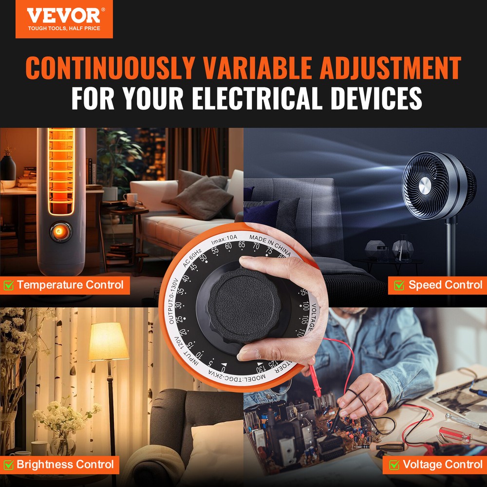VEVOR 2000VA Variable Voltage Transformer 15.3A 0-130V AC Voltage Regulator UL