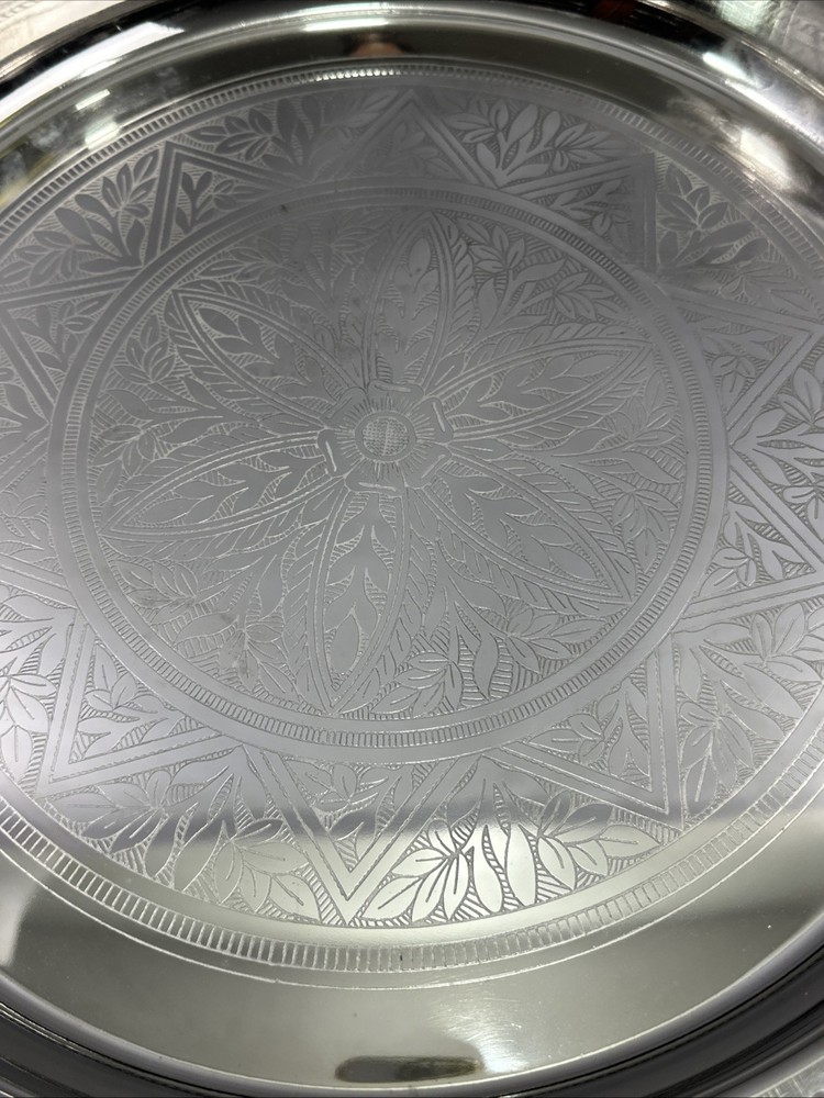 Vintage Large 16.5” Silverplate Silver Round Serving Tray w/Copper Handles India