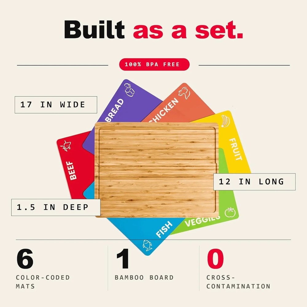 Cooler Kitchen Bamboo Cutting Board Set with 6 Color Coded Flexible Plastic Mats