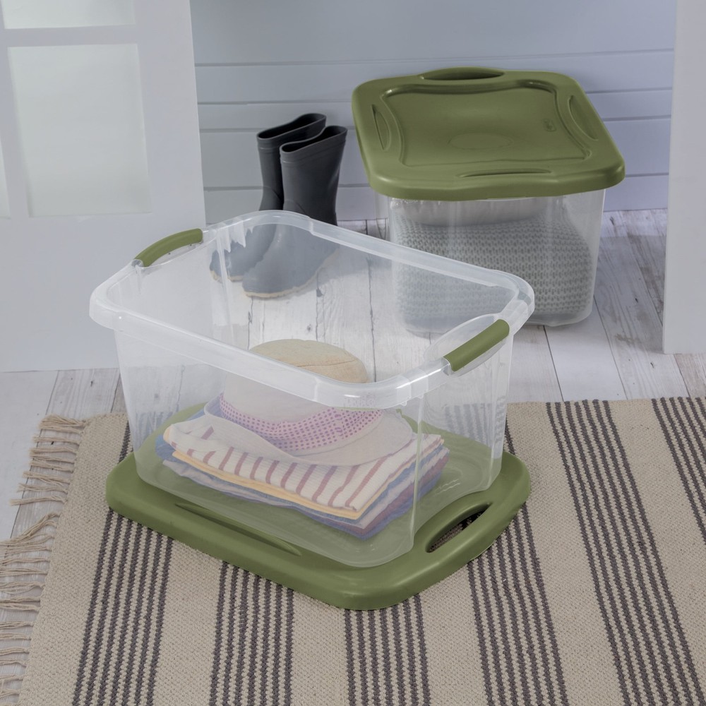 Large Plastic Storage Bin with Full-Grip Handles, 40 Quart Capacity, Green, Easy