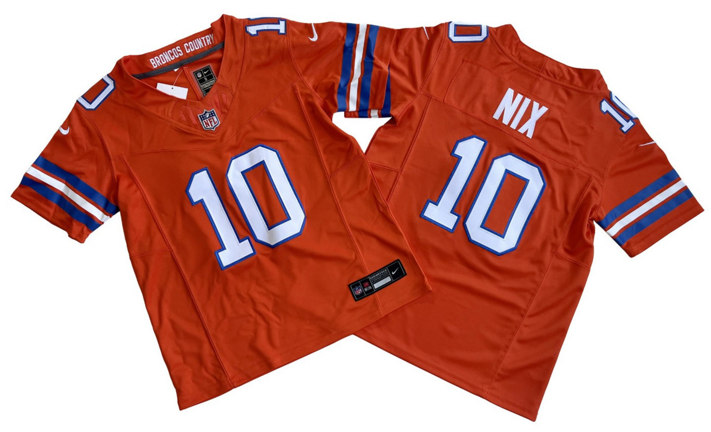 ​​Tariffs​ Free! YOUTH'S Broncos #10 Bo Nix FUSE Throwback Orange Sewn Jersey.