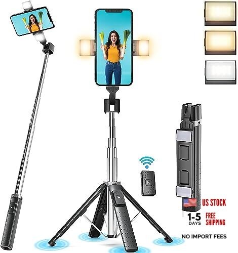 41” Selfie Stick Tripod Quadrapod with 2 Rechargeable Fill Light, Extendable