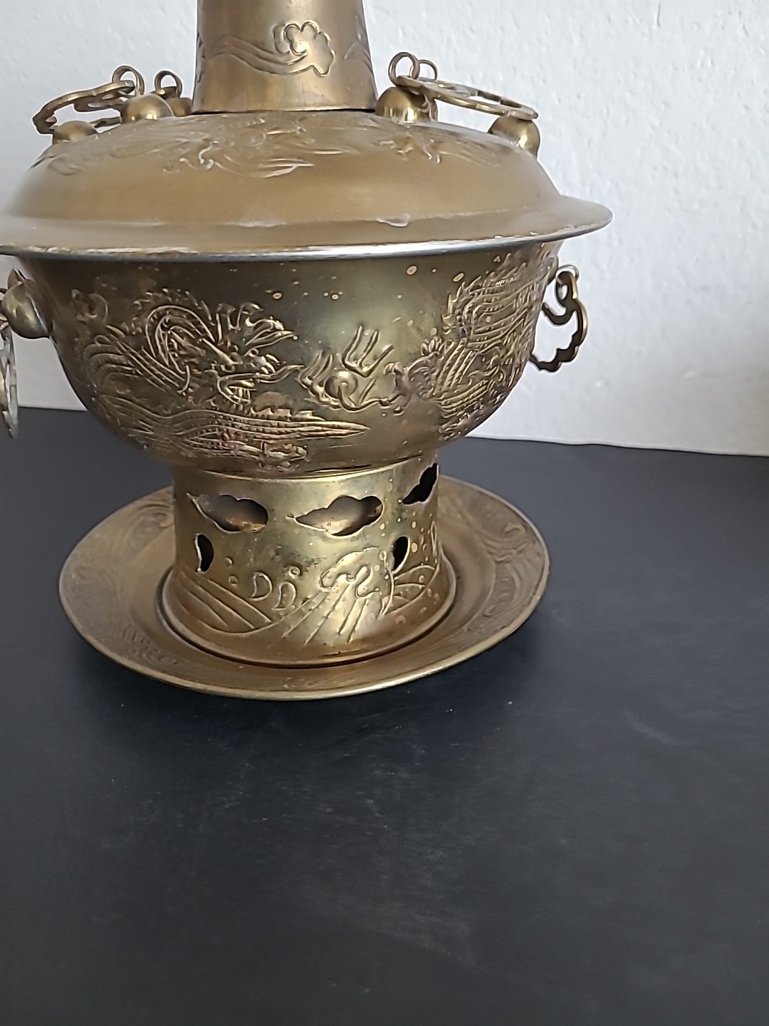 Vintage Chinese Shabu Pot Brass Hot Pot Chiseled Dragon