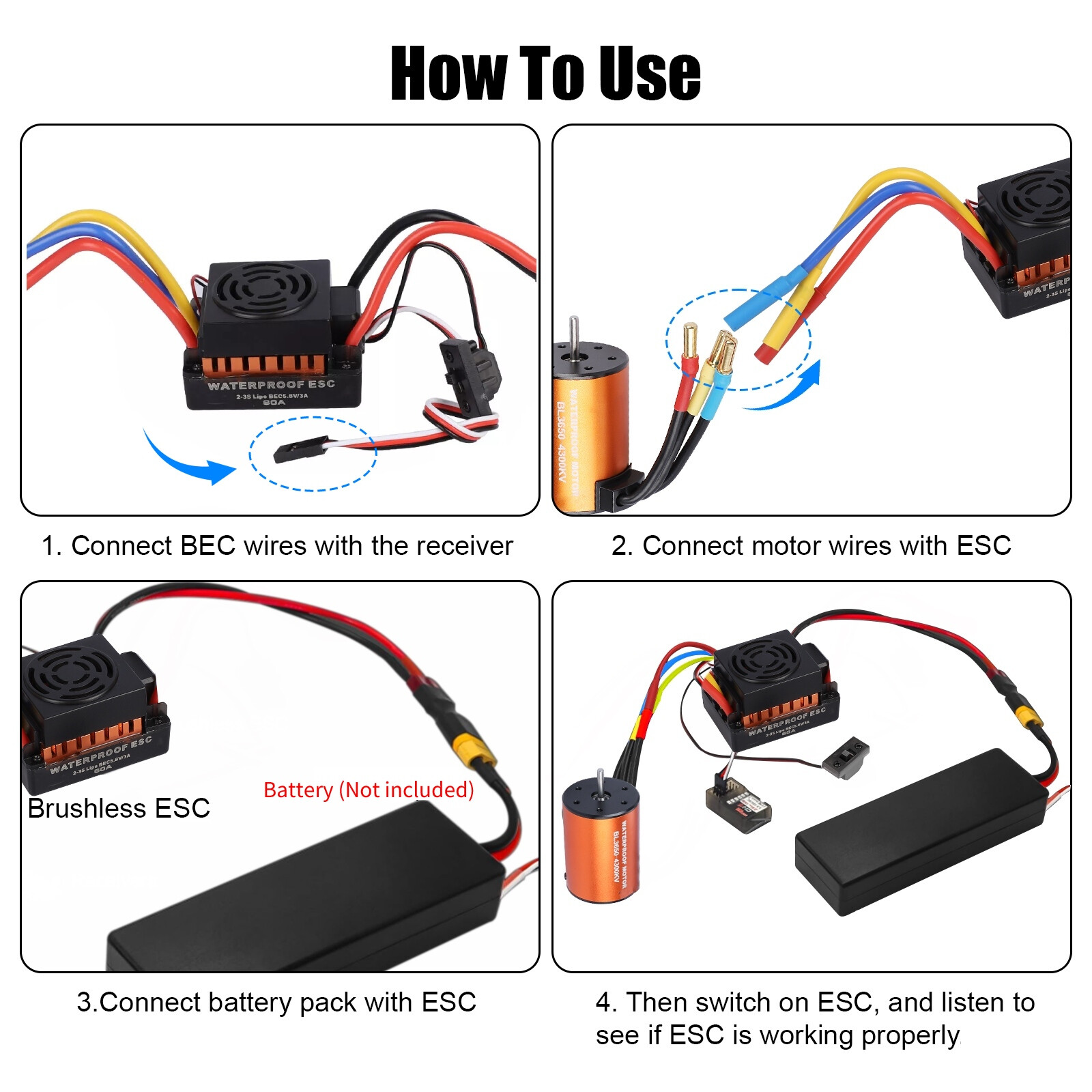 Brushless Motor Waterproof 3650 4300KV Upgrade w/ 60A ESC Combo for 1:10 RC Car