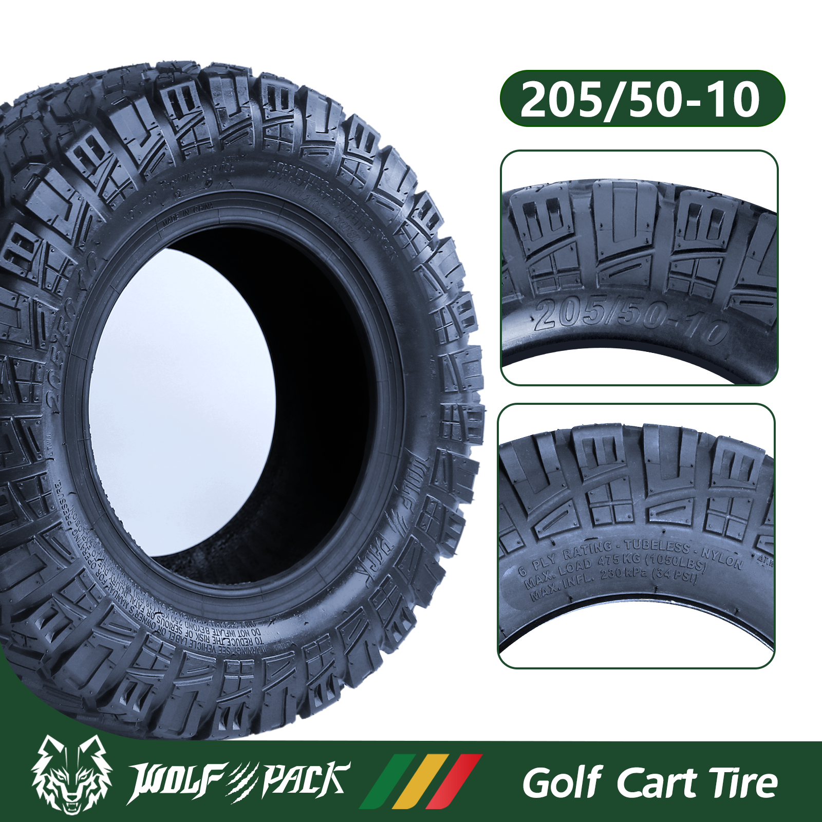 Set Four 205/50-10 Golf Cart Tires 4 ply All Terrain Low Profile Tire Tubeless