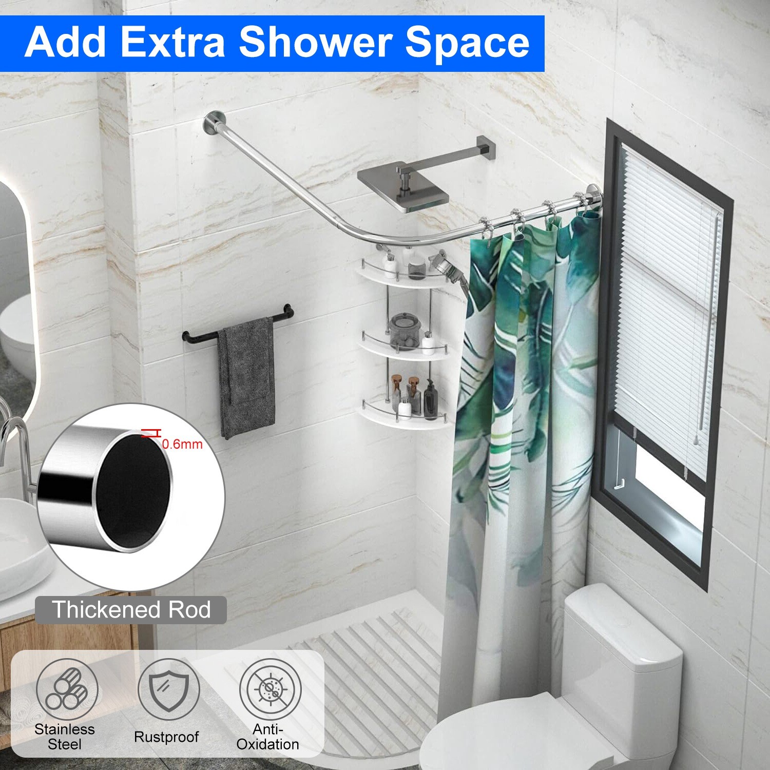 Adjustable Shower Curtain Rod Stainless Steel L Shaped for Bathroom Corner Rack