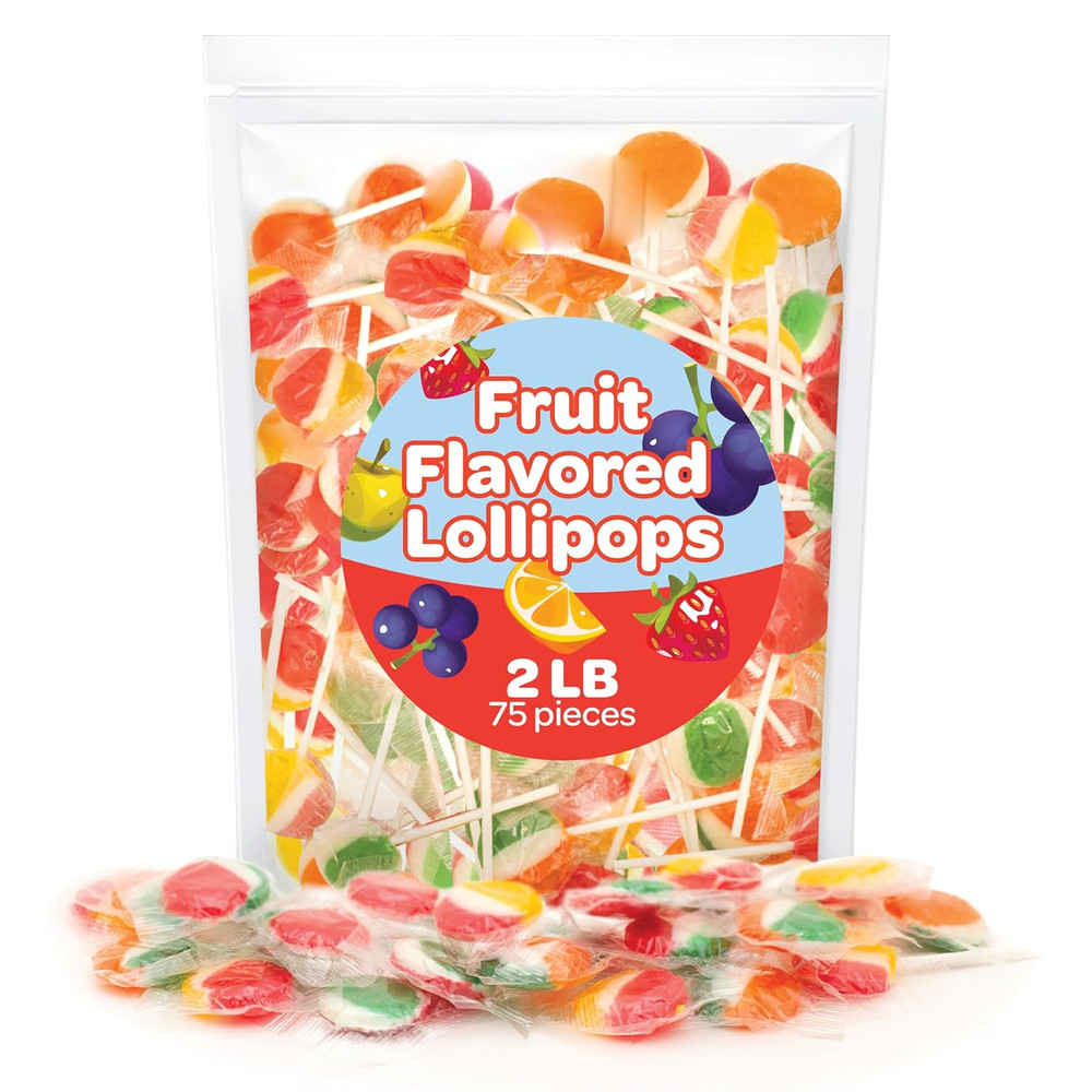 Fruit Lollipops - 2 Pound Bulk Pack (80 Count) - Assorted Fruit Flavored Hard Ca