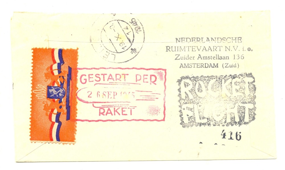 NETHERLANDS ROCKET MAIL 1945 CV. +LABEL REG. VF