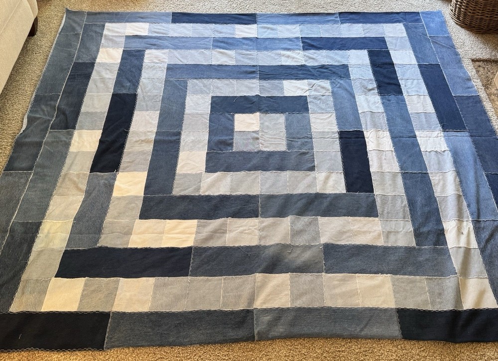 Vintage Patchwork Squares Denim Quilt Heavy Unique Mod Geometric