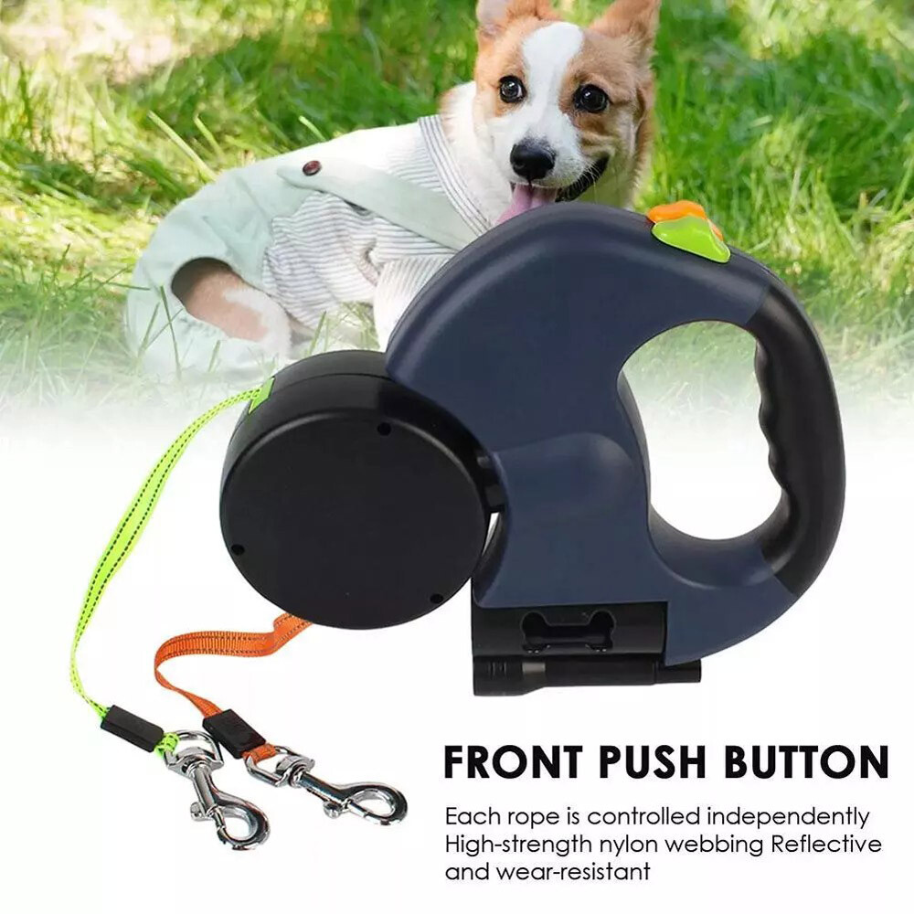 Retractable Dual Pet Leash Lead 360 Swivel Reflective Double Dog Walking Leashes