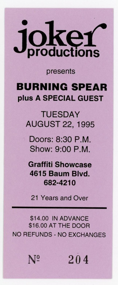 Burning Spear Concert Ticket Graffiti Pittsburgh, PA 1995