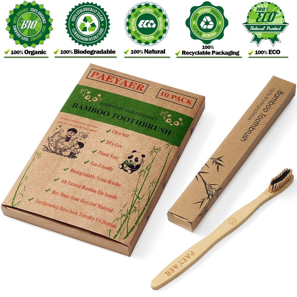 Bamboo Toothbrushes 10 Pack Biodegradable Soft Medium Charcoal Bristles