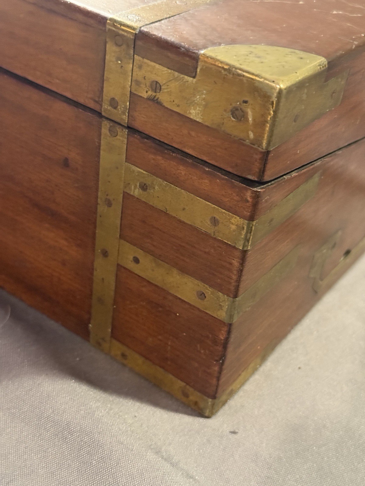 Early Antique Wood & Brass Bound Military Campaign Writing Desk