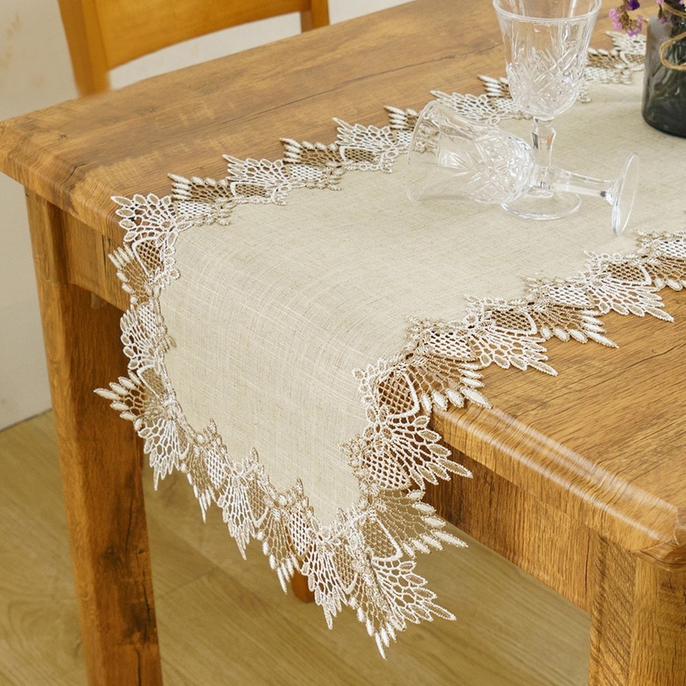Rustic Embroidered Floral Linen Table Runner Cloth for Dressing Tables