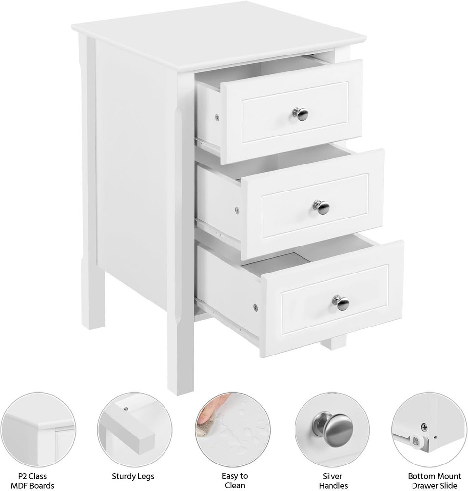 White 3-Drawer Nightstand with Solid Wood Legs for Small Spaces
