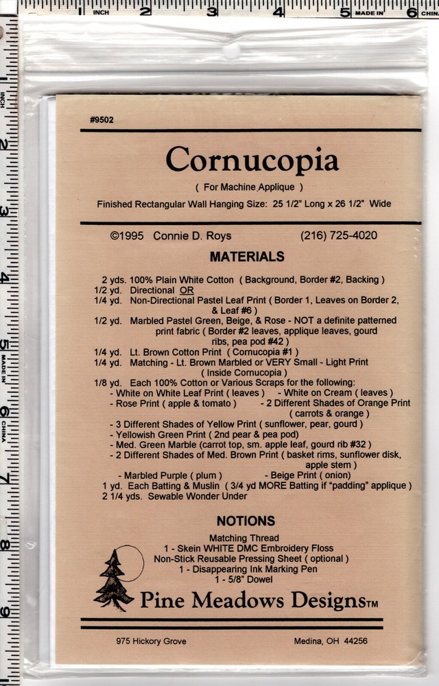"Cornucopia" ©1995 Pine Meadows Designs Sewing Craft Quilting Pattern # 9502