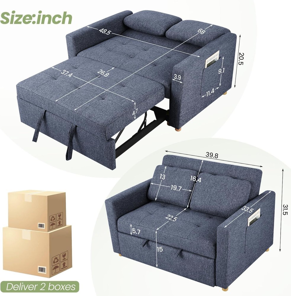 Convertible Sofa Bed, 3-in-1 Sleeper Sofa Pull Out Couch Bed,2-Seater Linen Sofa