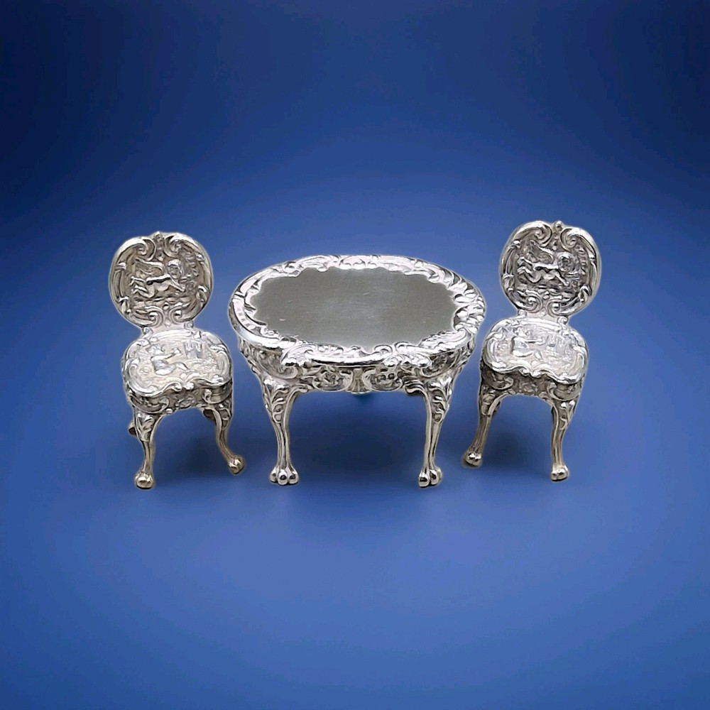 Vintage Solid Silver Miniature Dollhouse Table & Two Cherub Chairs