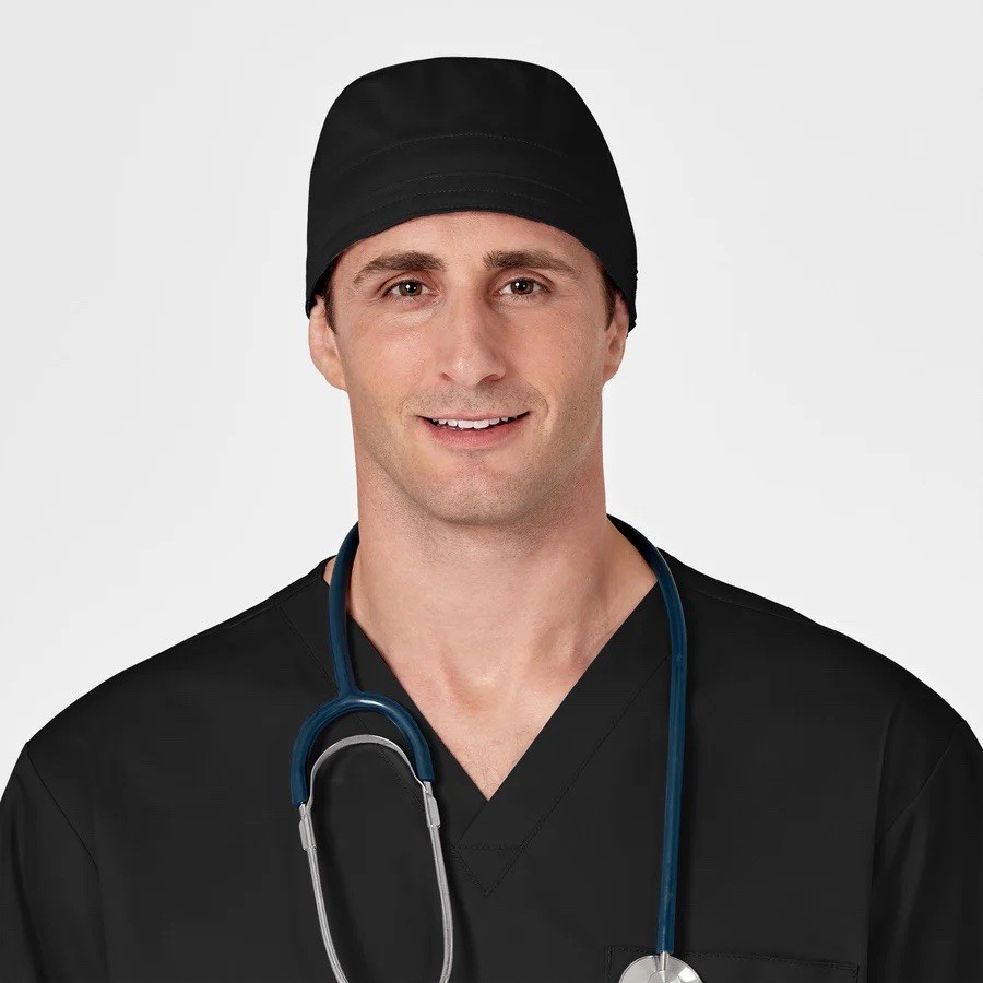 Wonder Work Tie Back Scrub Cap Men Or Women Flexible Fit Motion Stretch-Black