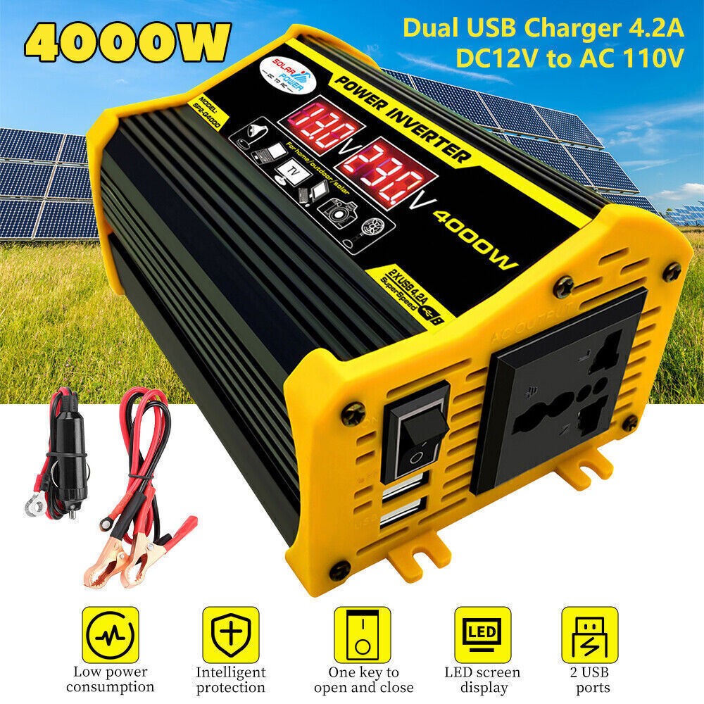 4000W Car Power Inverter DC 12V To AC 110V Pure Sine Wave Converter LCD USA