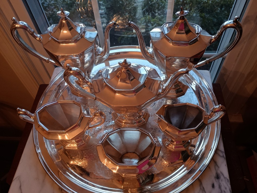 REED & BARTON "SIERRA" NEO CLASSICAL FULL COFFEE DECAF TEA SERVICE POT SET, 7pc