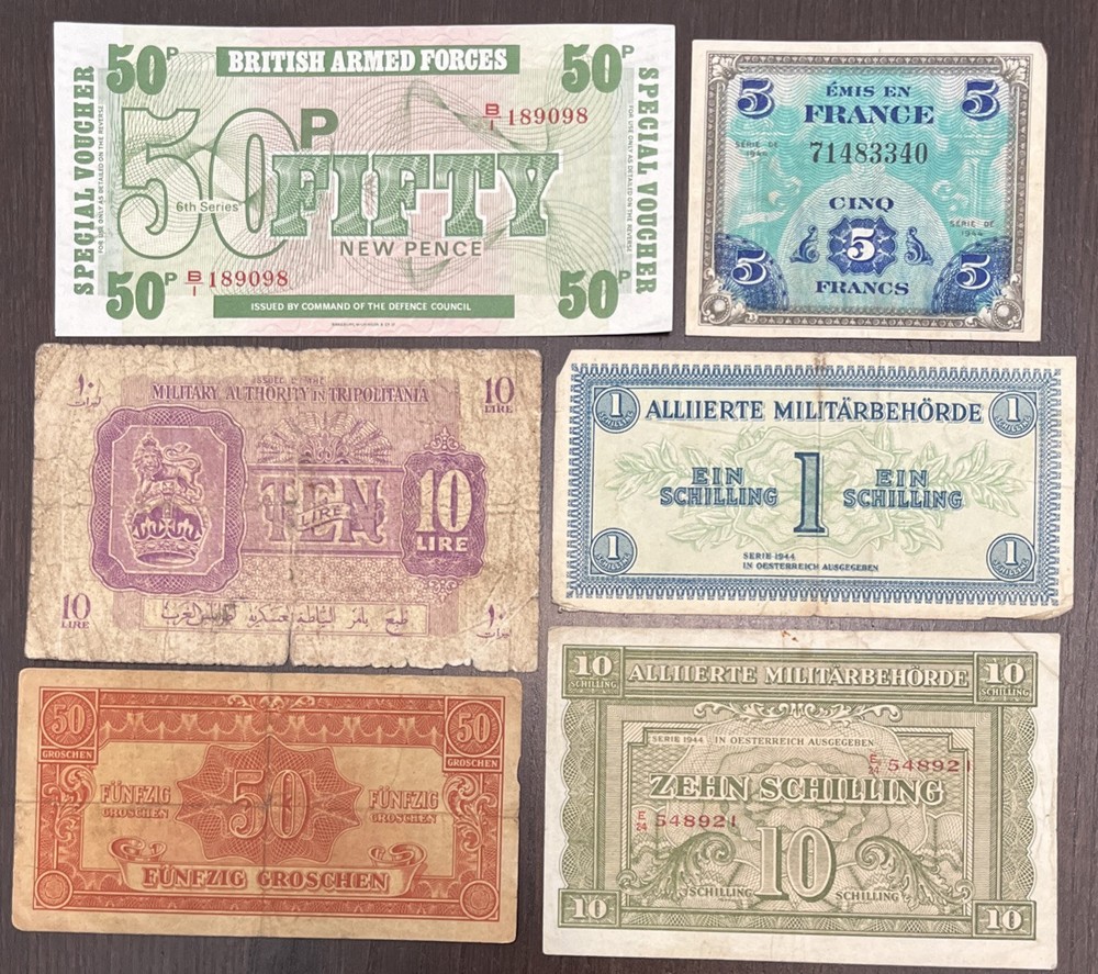 WWII MILIYARY CURRENCY CERTIFICATE COLLECTION. SOME UNC. 6 Notes