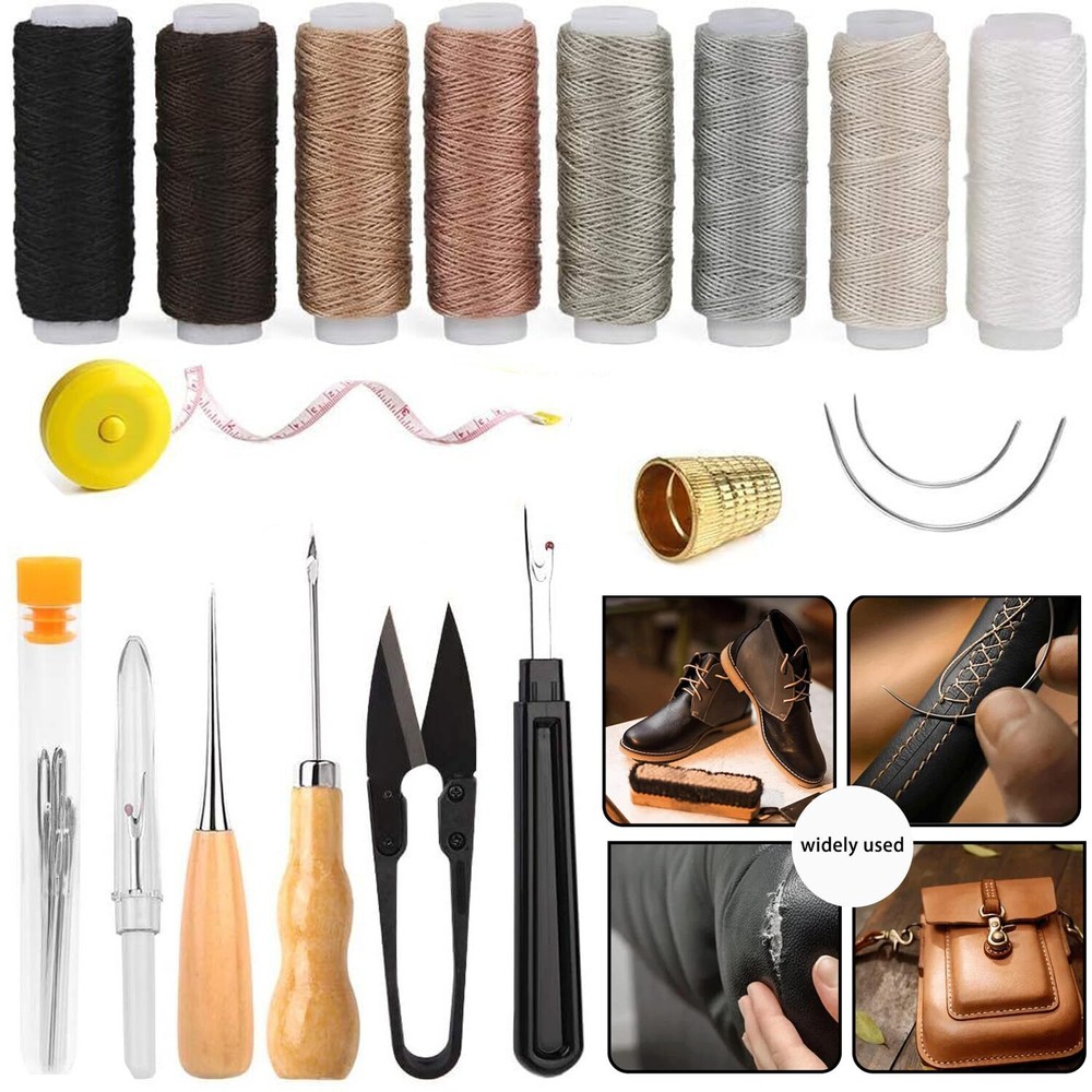 Leather Sewing Kit Thread Threader Needle Tape Measure Scissor Thimble Awl Set