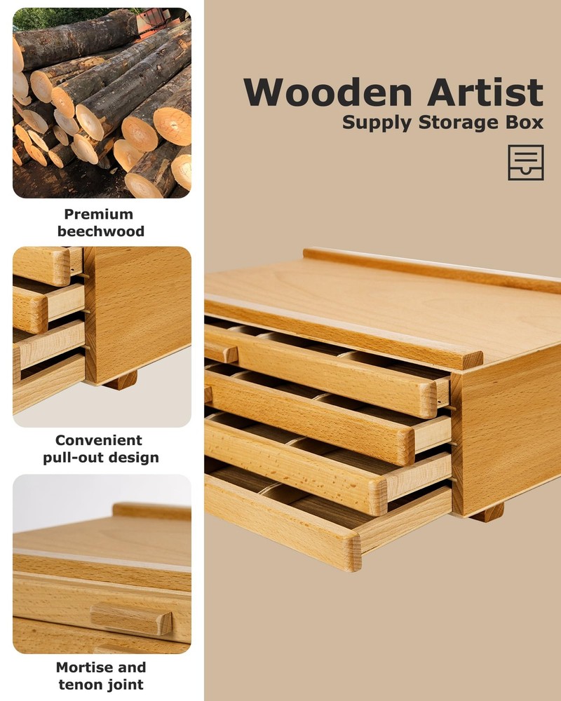 DJAR Basic 4-Drawer Art Supply Storage Box, Portable Premium Beech Wood Organ...