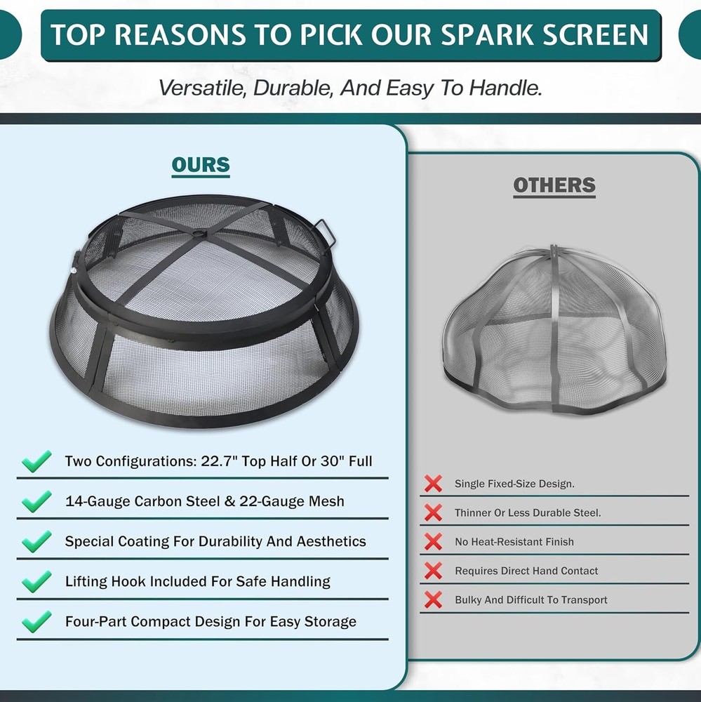 FEBTECH 30 inch Fire Pit Screen Round with Hook for Outdoor Fire Pit Ring Cover