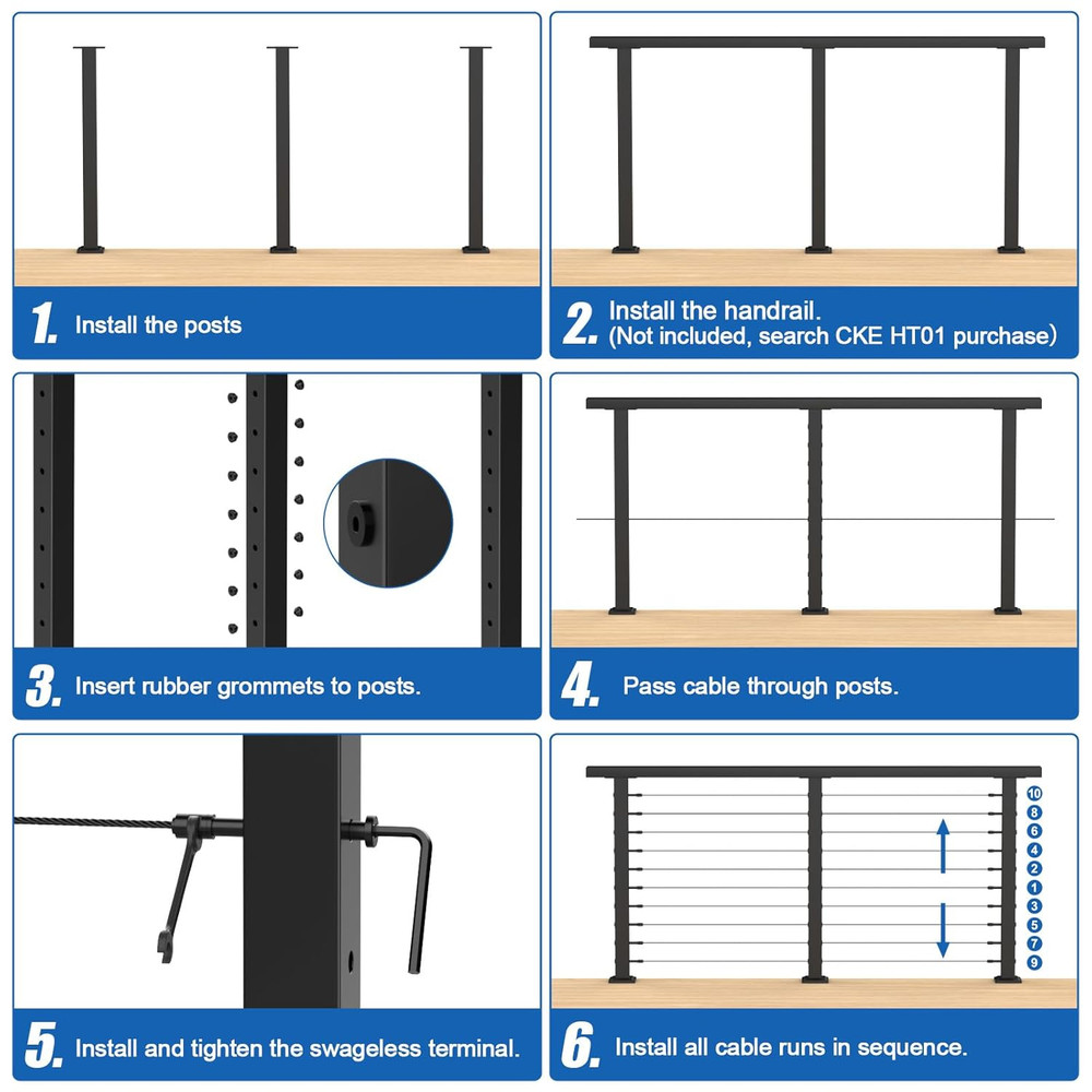 CKE 10Ft-15Ft Complete Set 36" Cable Railing Post Kit, 3Pack Black Level Drilled