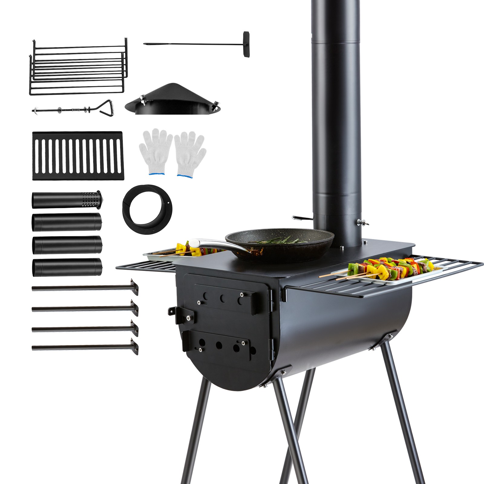 Portable Wood Stove Camping Hot Tent BBQ Stove 118 in for Outdoor w/ Pipes