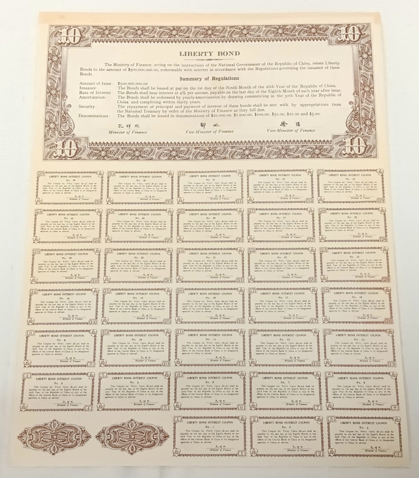 1937 Republic of China Liberty Bond CN$10 4% Interest w/ Pass-Co COA