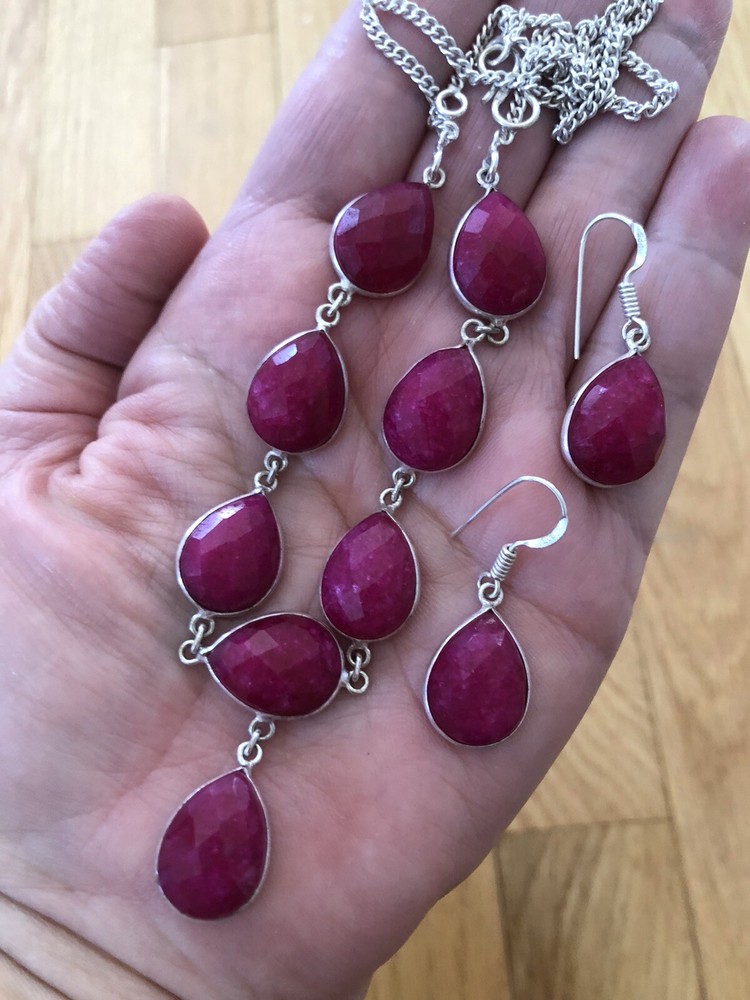 Red Simulated Ruby Necklace Faceted with Earrings Artisan Made