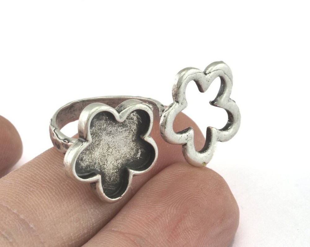 Ring Flowers Adjustable Ring Bezel Antique Silver Plated brass 9US size 2610