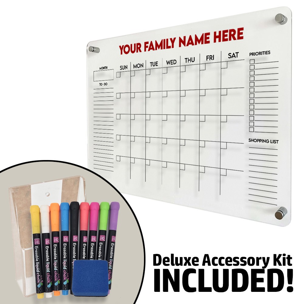 OnDisplay Luxe Acrylic Personalized Family Calendar Planner - Monthly Dry Erase
