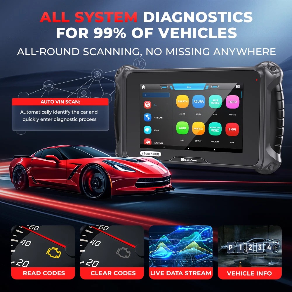 BOSSCOMM iTouch 880 OBD2 Scanner Full System Car Diagnostic Tool EPB Resets