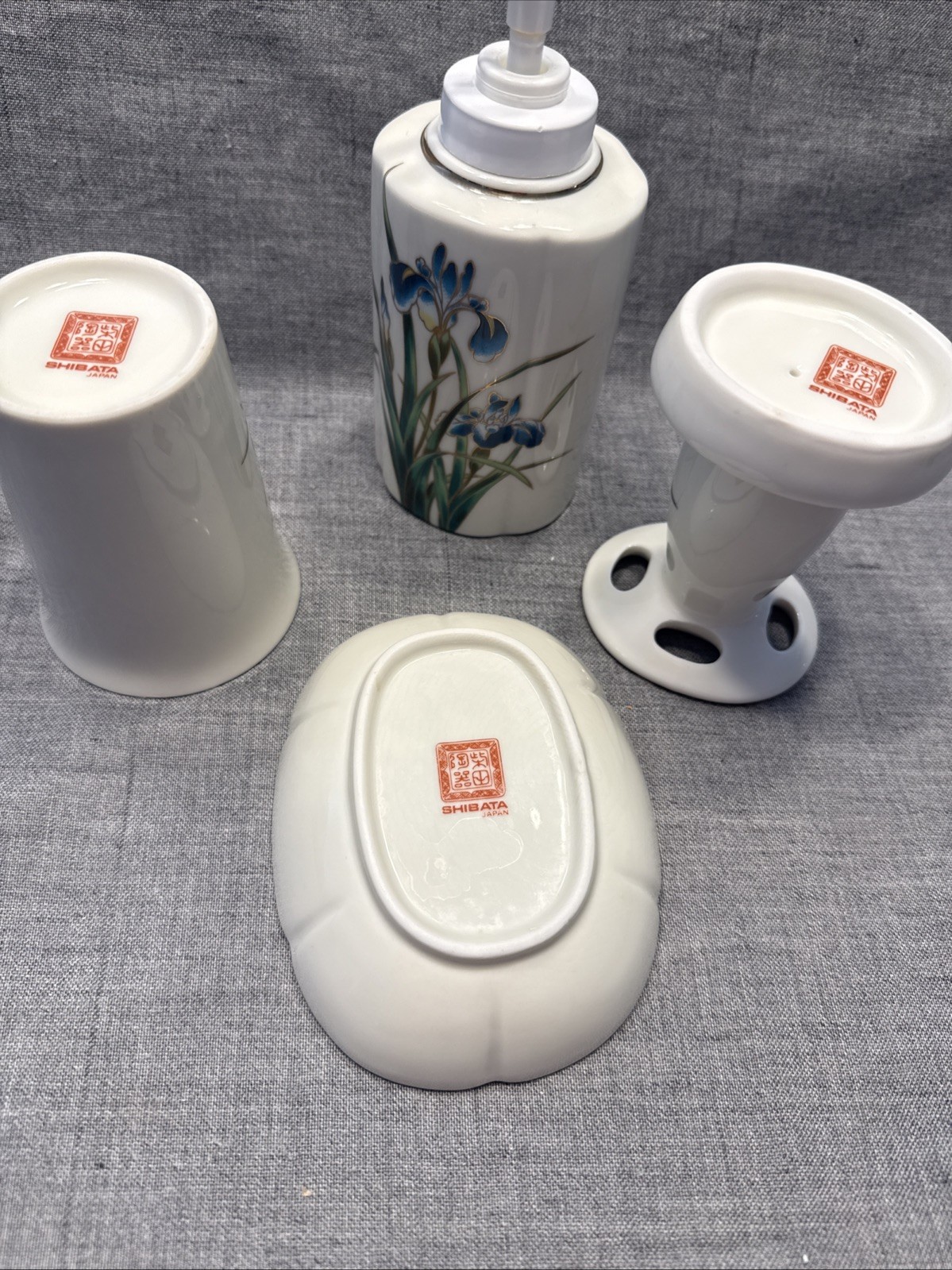 Shibata Porcelain Set Blue Iris Cup Toothbrush Soap Pump Dish EUC