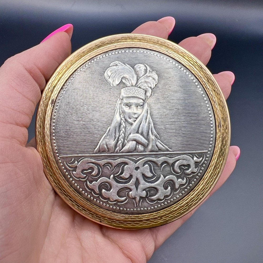Vintage Soviet Vanity Face Puff Powder Box Compact Case Mirror Brass Enamel