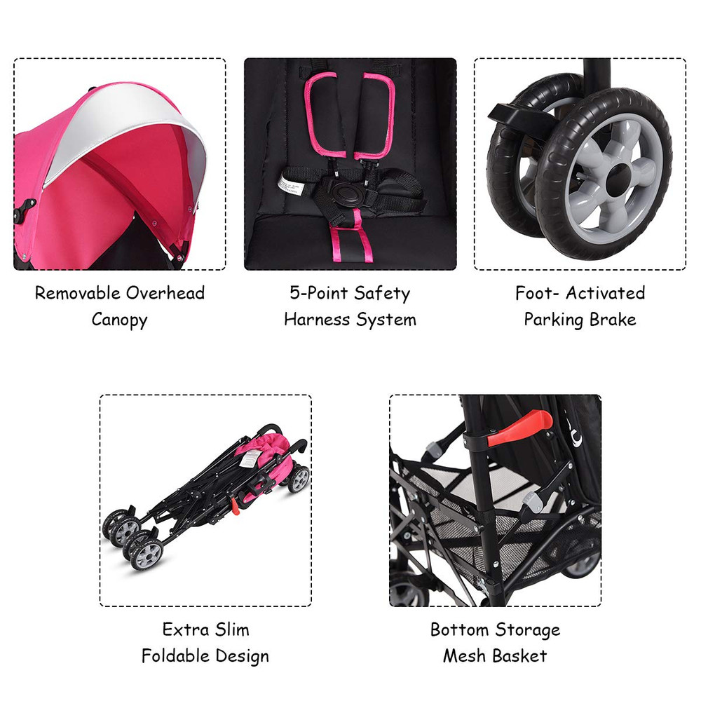 Compact Lightweight Baby Stroller for Travel - Adjustable, Foldable, Pink