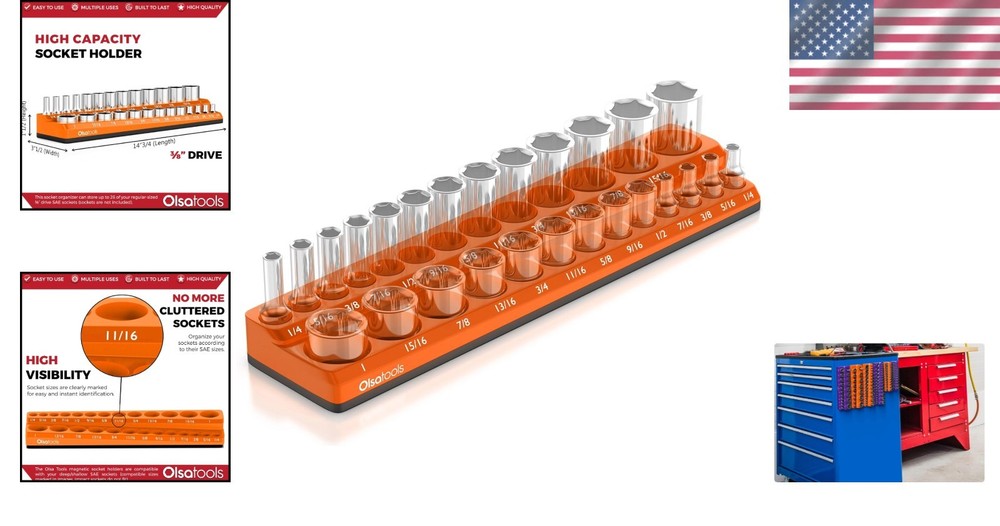 Secure Magnetic Socket Organizer for 3/8-Inch Deep & Shallow Sockets - Orange
