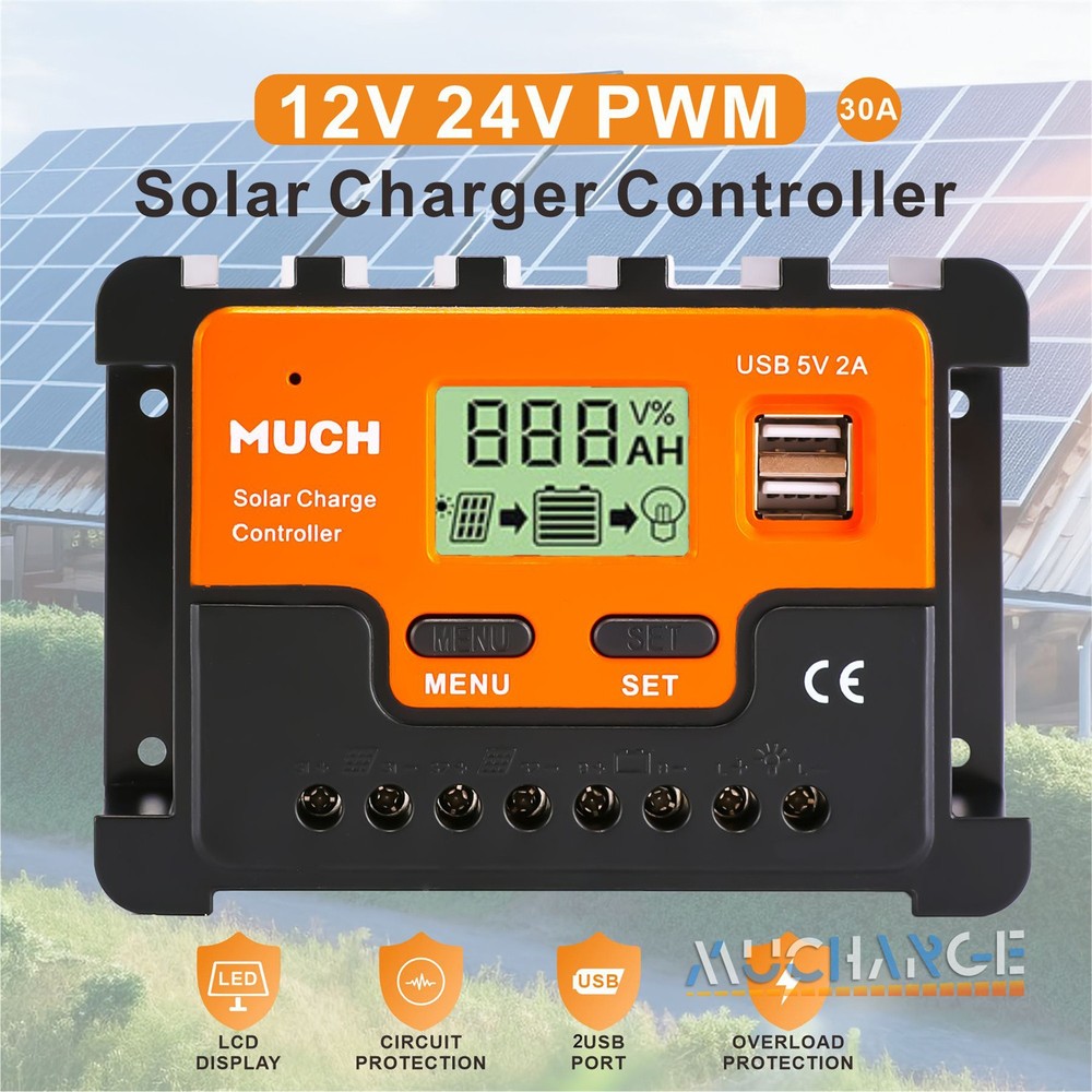 30A Solar Panel Controller Solar Battery Charge 12V/24V Auto Regulator LCD