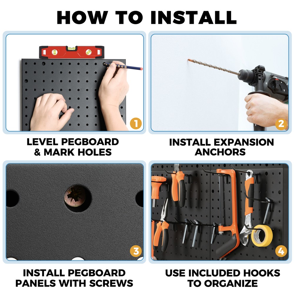 Heavy Duty 4-Panel Pegboard Wall Organizer With 32 Peg Hooks - Black