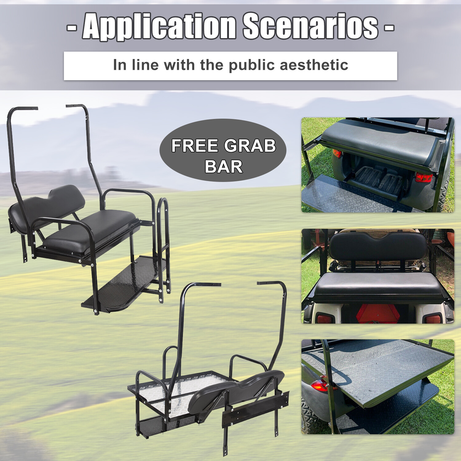 For 1982-2000.5 Club Car DS Golf Cart Flip Folding Rear Back Seat Kit+Grab Bar